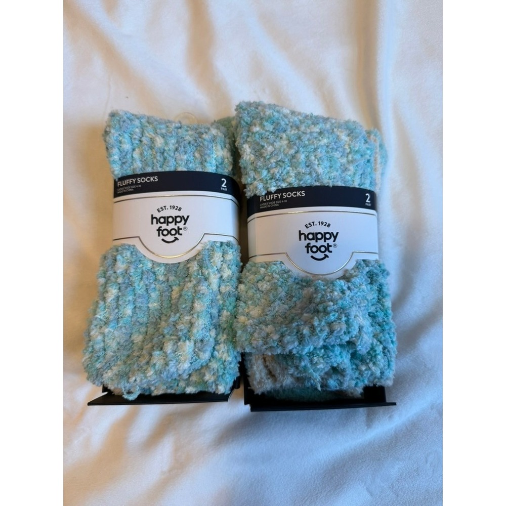 2X Happy Foot Fluffy Socks Cozy Fabric Womens 2 Pairs Blue Cream White